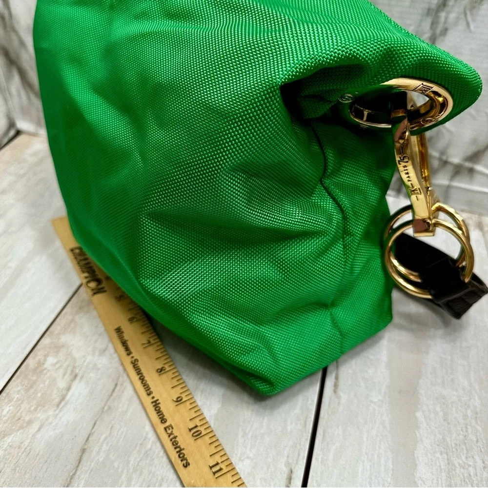 Vibrant Green Nylon Hobo Shoulder Bag Black Strap Gold Hardware Tote Bold Bright